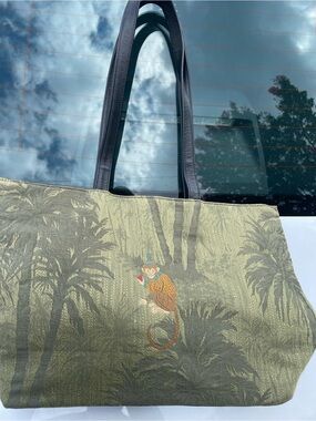 Olive Green Jacquard Tote with Embroidered Monkey and Black Handles